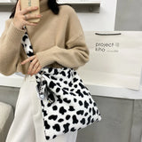 Cow Pattern Shoulder Bag Women Plush Soft Tote Handbag Lady Girl Travel Purse