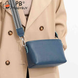 Crossbody Bag with Wide Fabric Strap in Cowhide Leather