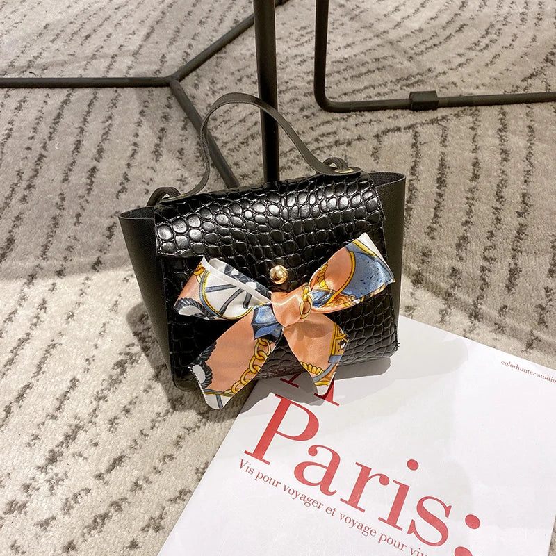 Crocodile Pattern Crossbody Bag with Silk Scarf Bow