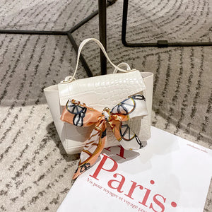 Crocodile Pattern Crossbody Bag with Silk Scarf Bow