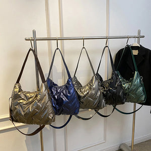 Quilted Crossbody Bag Cotton Padded Winter Handbag Solid Large Capacity