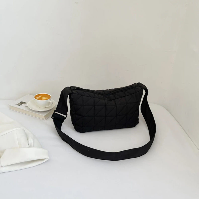 Crossbody Bag Cotton Padded Shoulder Quilted Rhombus Solid Wide Belt