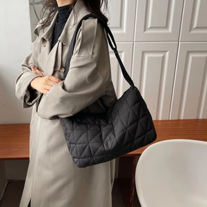 Cotton Padded Crossbody Bag Quilted Rhombus Wide Belt for Autumn & Winter