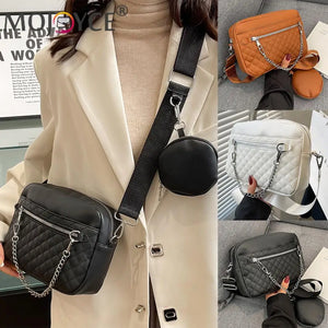 Rhombus Pattern Leather Crossbody Hand Bag with Chains