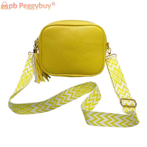 Casual Crossbody Bag Tassel Small Square Satchel PU Leather Wide Strap