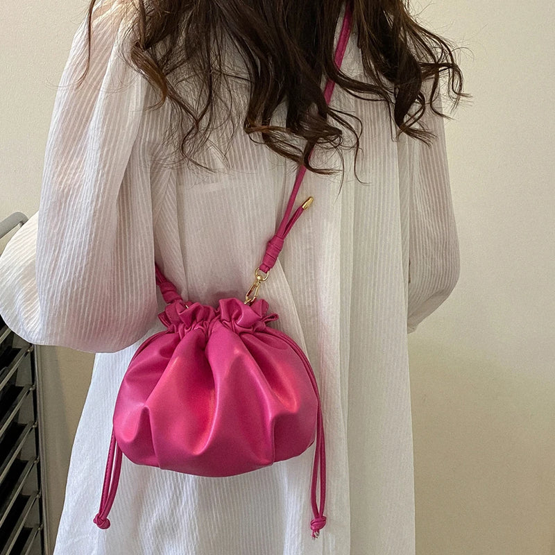 Y2K Style Leather Drawstring Crossbody Bag Sweet Girls Purse