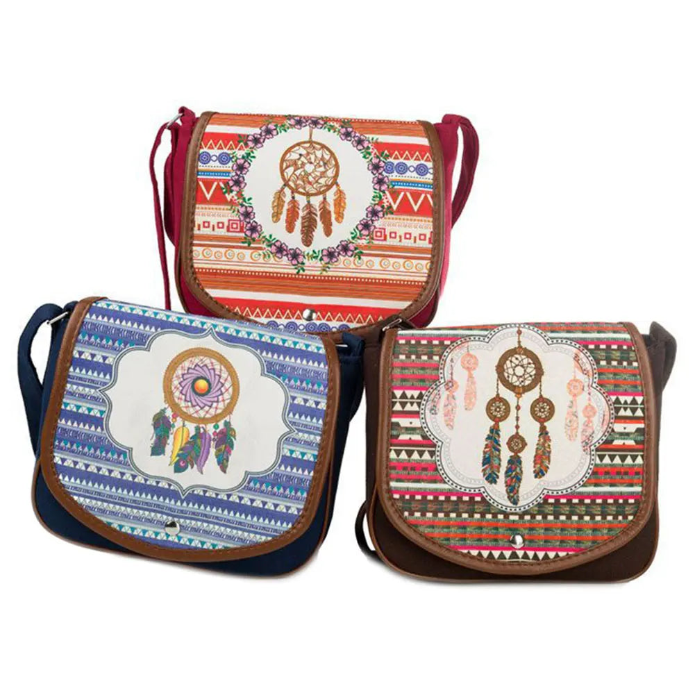 Vintage Bohemia Embroidery Crossbody Bag Women Feather Print Shoulder Bag