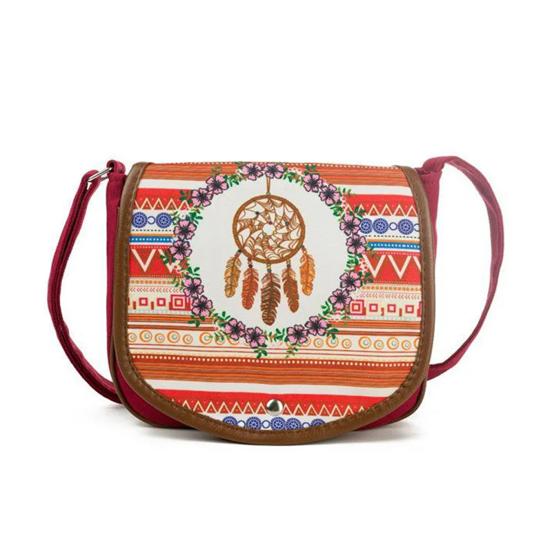 Vintage Bohemia Embroidery Crossbody Bag Women Feather Print Shoulder Bag