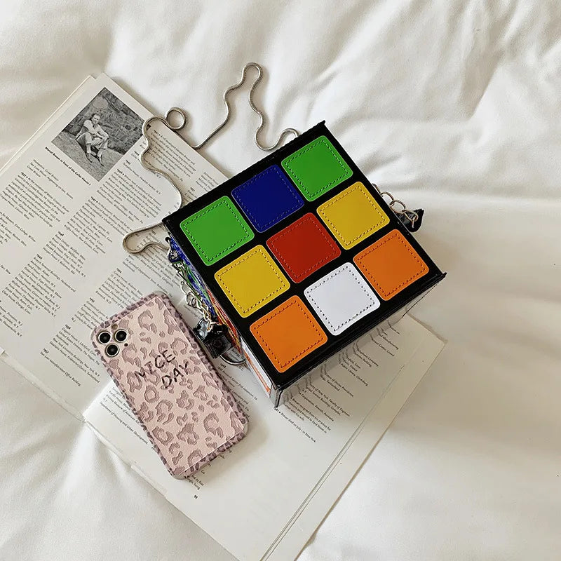 Cube Shape PU Leather Shoulder Bags Clutch Purse Colorful Crossbody Bags