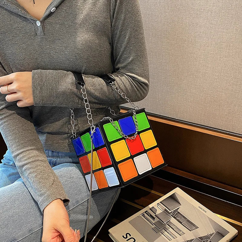 Cube Shape PU Leather Shoulder Bags Clutch Purse Colorful Crossbody Bags