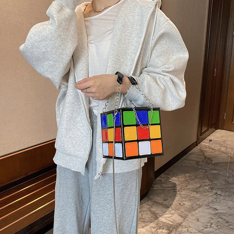 Cube Shape PU Leather Shoulder Bags Clutch Purse Colorful Crossbody Bags
