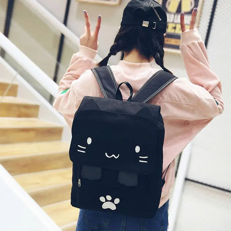 Cat Embroidery Canvas Student Bag Cartoons Women Backpack