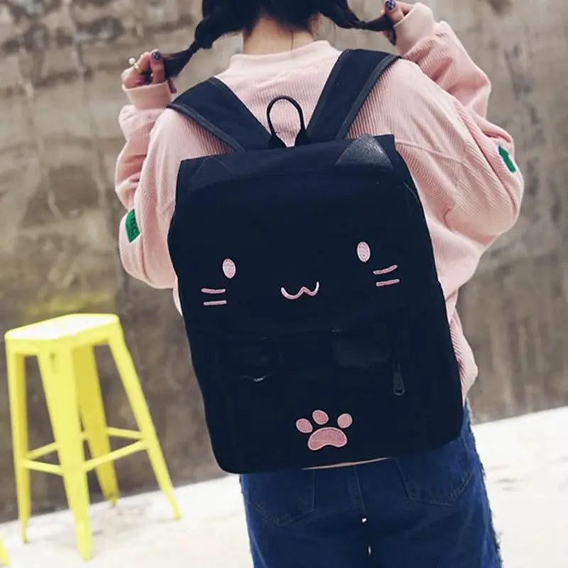Cat Embroidery Canvas Student Bag Women Backpack School Bag