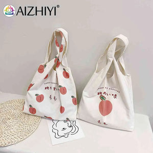 Peach Print Canvas Tote Shopping Bag Large Capacity Handbag