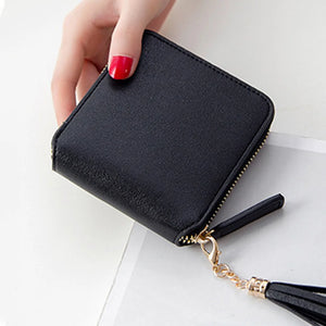 Short Square PU Leather Solid Women Wallet with Tassel Drop