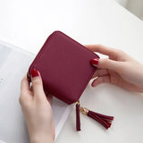 Short Square PU Leather Solid Women Wallet with Tassel Drop
