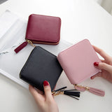 Short Square PU Leather Solid Women Wallet with Tassel Drop