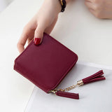 Short Square PU Leather Solid Women Wallet with Tassel Drop
