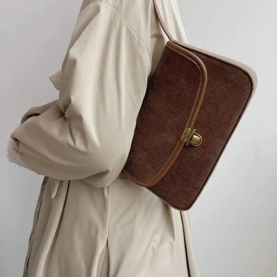 Brown Small Shoulder Bag Lock Corduroy Female Underarm Bag