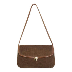 Brown Small Shoulder Bag Lock Corduroy Female Underarm Bag