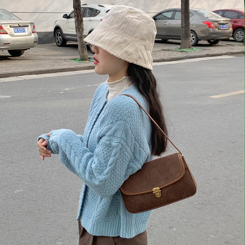 Brown Small Shoulder Bag Lock Corduroy Female Underarm Bag