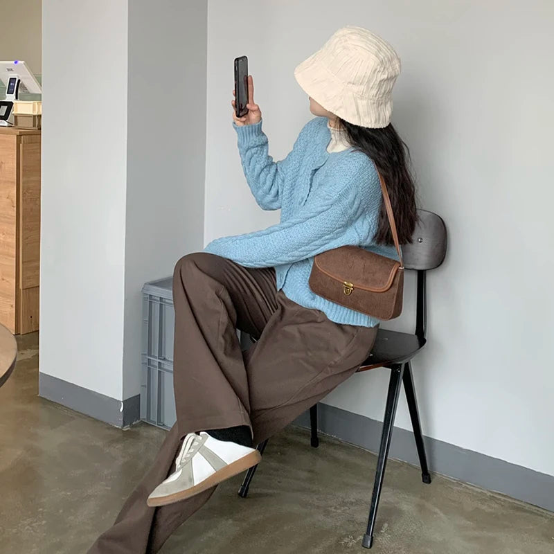 Brown Small Shoulder Bag Lock Corduroy Female Underarm Bag