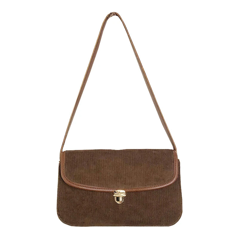 Brown Small Shoulder Bag Lock Corduroy Female Underarm Bag