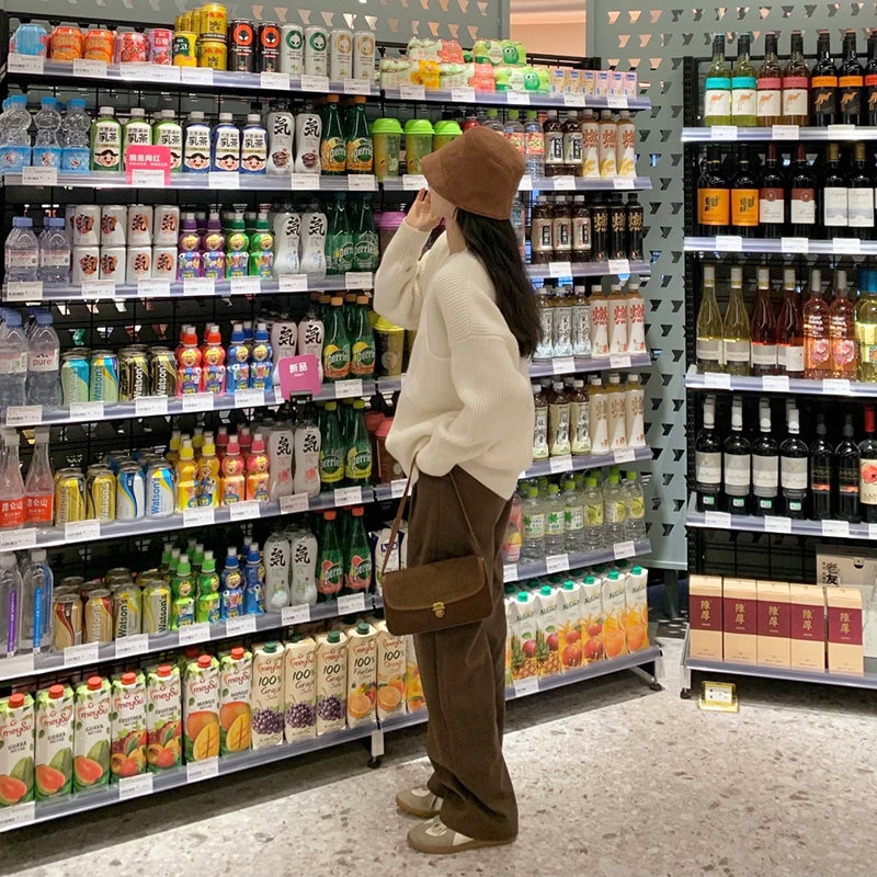 Brown Small Shoulder Bag Lock Corduroy Female Underarm Bag