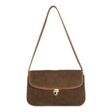 Brown Small Shoulder Bag Lock Corduroy Female Underarm Bag