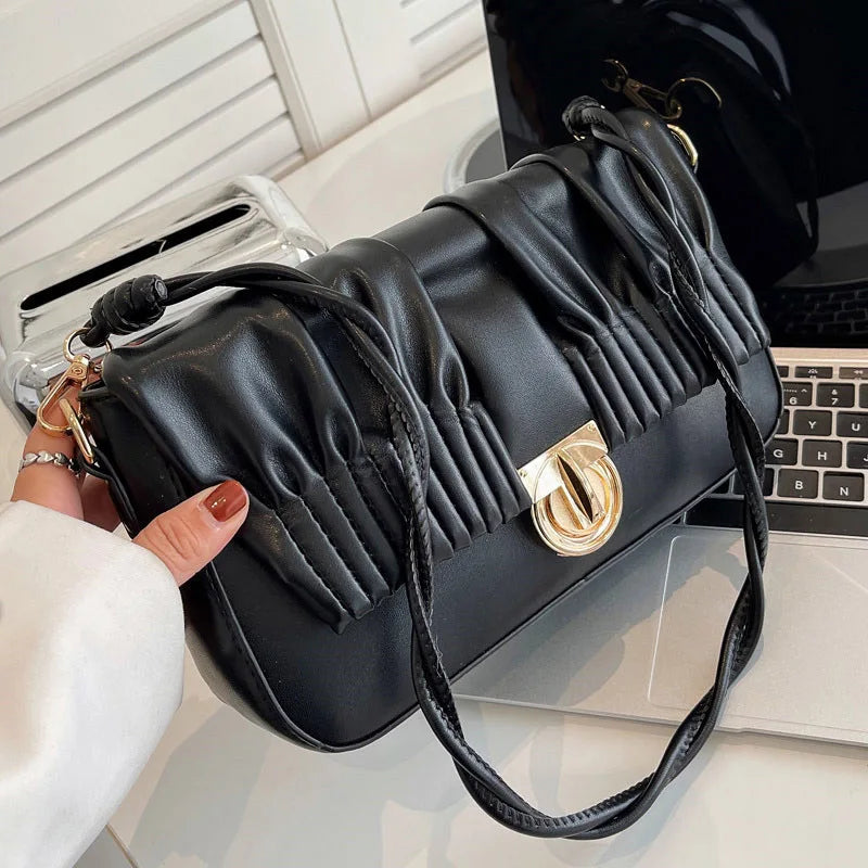 Pleated Shoulder Bags PU Leather Handbags Crossbody Purse