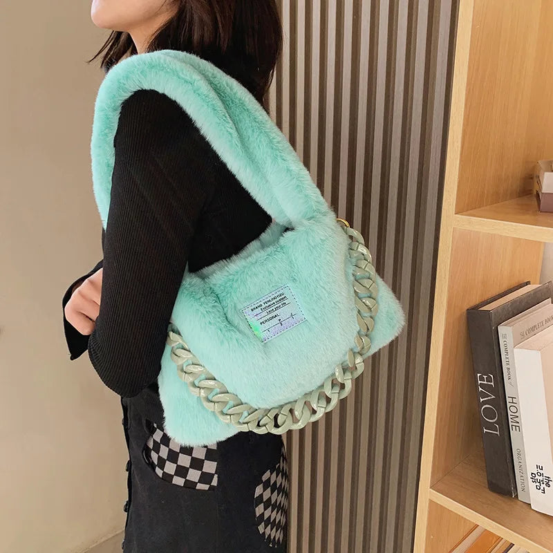 Women Plush Shoulder Candy Bag Furry Winter Handbag Purse
