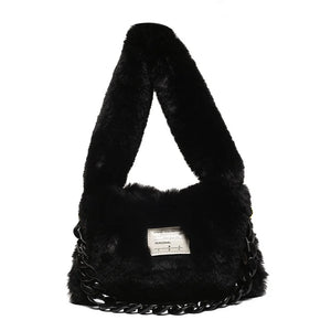 Women Plush Shoulder Candy Bag Winter Furry Shopper Totes Ladies Chains Decor