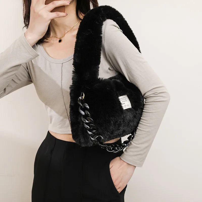 Women Plush Shoulder Candy Bag Furry Winter Handbag Purse