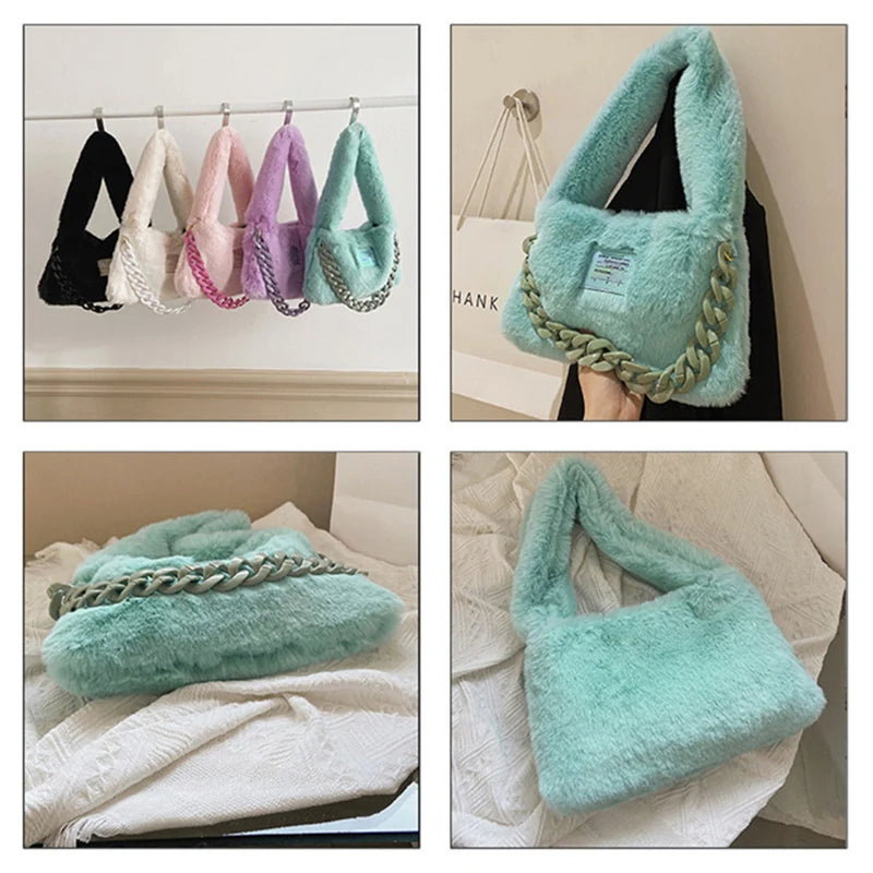 Women Plush Shoulder Candy Bag Furry Winter Handbag Purse