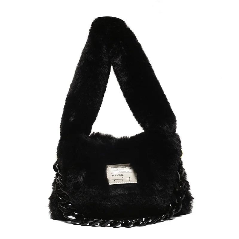 Women Plush Shoulder Candy Bag Winter Furry Shopper Totes Ladies Chains Decor