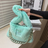 Women Plush Shoulder Candy Bag Winter Furry Shopper Totes Ladies Chains Decor