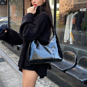 Vintage Patent Leather Women Shoulder Bag Retro Solid Female Half Moon Handbag
