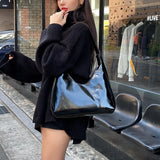 Vintage Patent Leather Women Shoulder Bag Retro Solid Female Half Moon Handbag