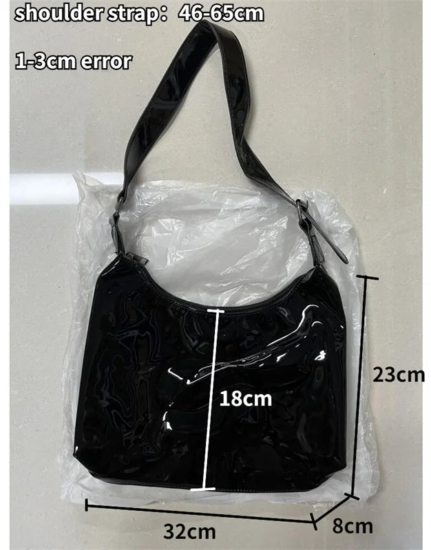 Vintage Patent Leather Women Shoulder Bag Retro Solid Female Half Moon Handbag