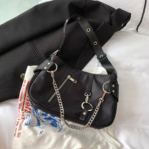 Vintage Nylon Ladies Shoulder Bag with Chain Tote Purse