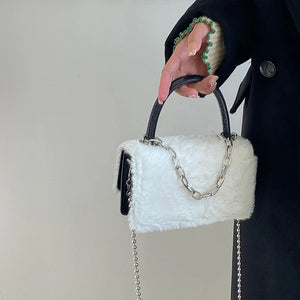 Faux Fur Plush Crossbody Bag Chain Clutch Purse Women's Small Square Shoulder