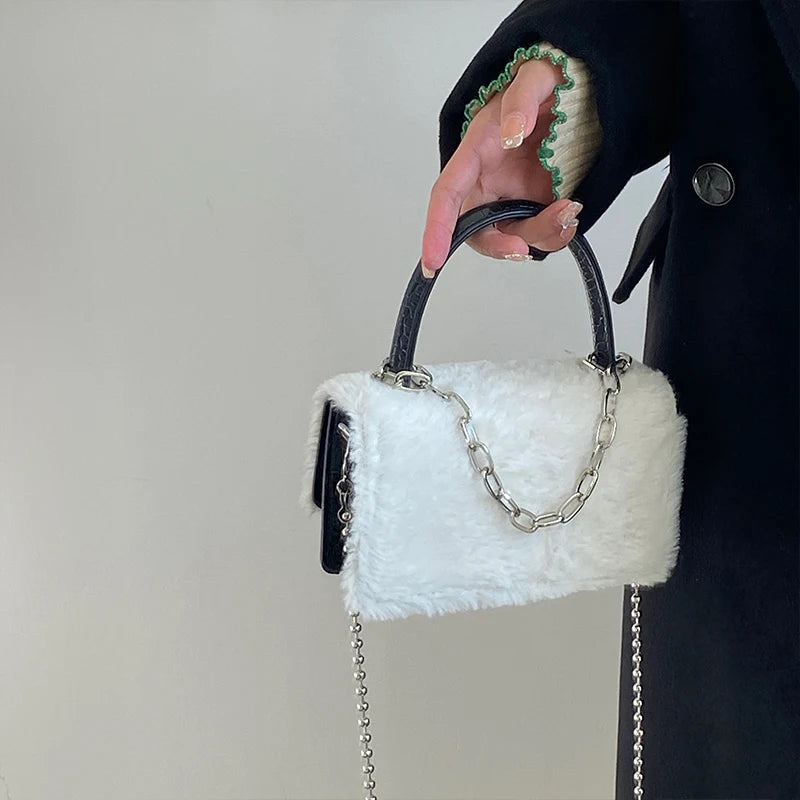 Faux Fur Plush Crossbody Bag Chain Clutch Purse Women's Small Square Shoulder