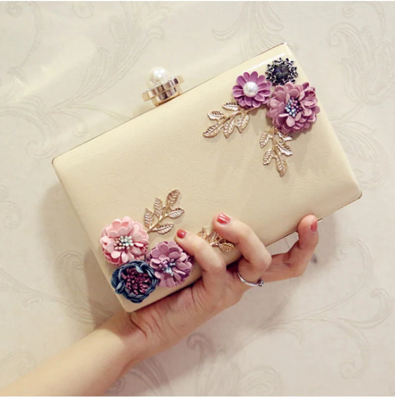 Women PU Leather Clutch Evening Bag Flower Chain Shoulder Wedding Bags