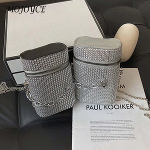 Diamond Shoulder Bag Women Leather Cylinder Bucket Handbag