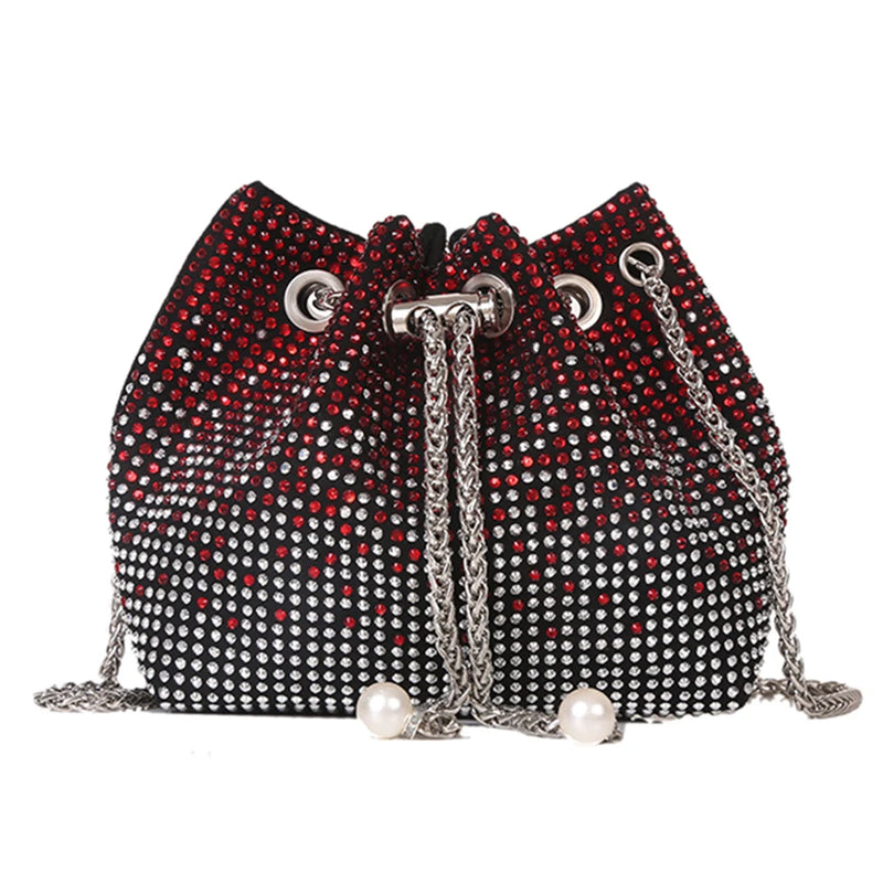 Rhinestone Crossbody Bucket Bag Drawstring Shoulder Handbag