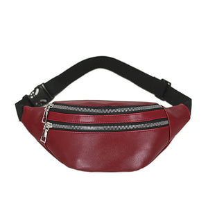 Double-Zipper Chest Bag Women PU Leather Crossbody Bag