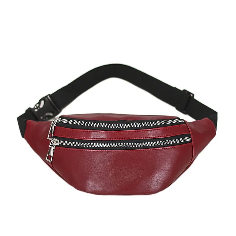 Double-Zipper Chest Bag Women PU Leather Crossbody Bag