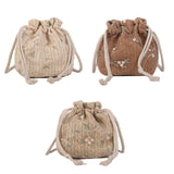 Embroidered Flower Drawstring Straw Bag Crossbody Bucket Bag