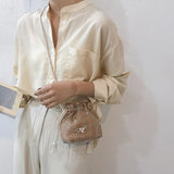 Embroidered Flower Drawstring Straw Bag Crossbody Bucket Bag