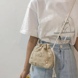 Embroidered Flower Drawstring Straw Bag Crossbody Bucket Bag